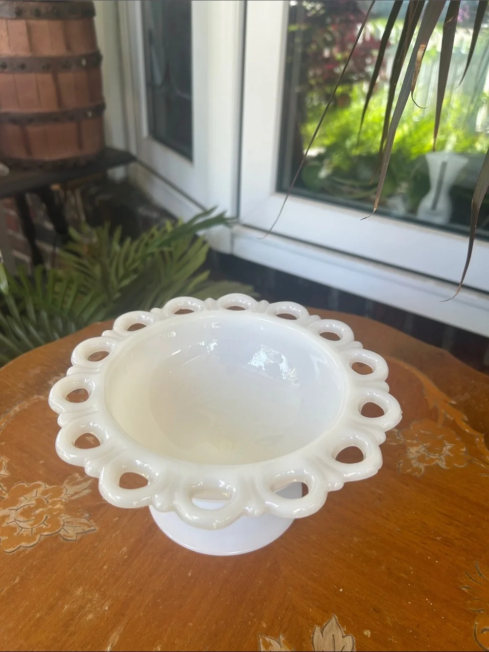 Vintage White MilkGlass Pedestal Bowl with Scalloped Loop Edge